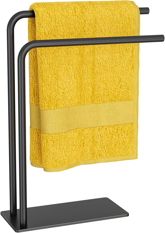 Hand Towel Holder Stand for Bathroom Kitchen Countertop, Matte Black Modern Free Standing Towel Racks with Heavy Base, Holds 2 Towels