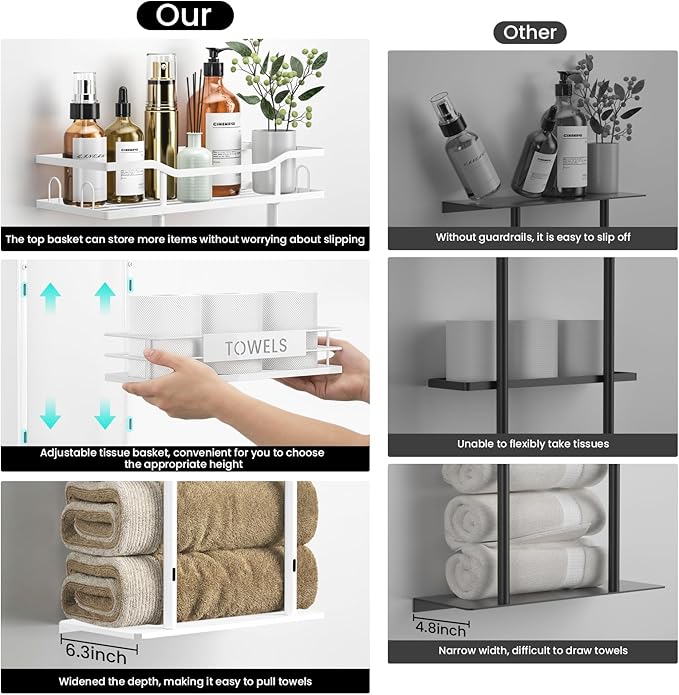Towel Racks for Bathroom, 30inch Wall Mounted Towel Rack, Towel Storage for Small Bathroom Can Holds 6 Large Towels, Floating Shelf with Adjustable Tissue Basket.(White)