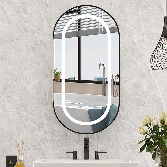 Led Oval Medicine Cabinet Mirror for Bathroom,Oval Recessed Black Medicine Cabinet with Mirror,3 Color Adjustable,Lighted Bathroom Cabinet with Storage Wall Mounted,16x31Inch