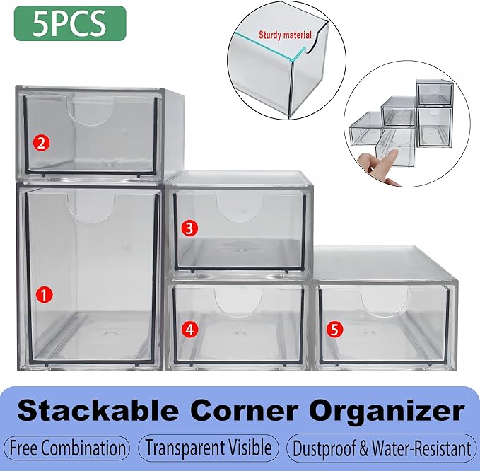 Stackable Storage Drawers Set of 5 Acrylic Storage Drawers Clear Plastic Stackable Organizer Bins for Makeup, Cosmetics,Beauty Supplies,Ideal for Vanity, Bathroom,Cabinet,Pantry Organization