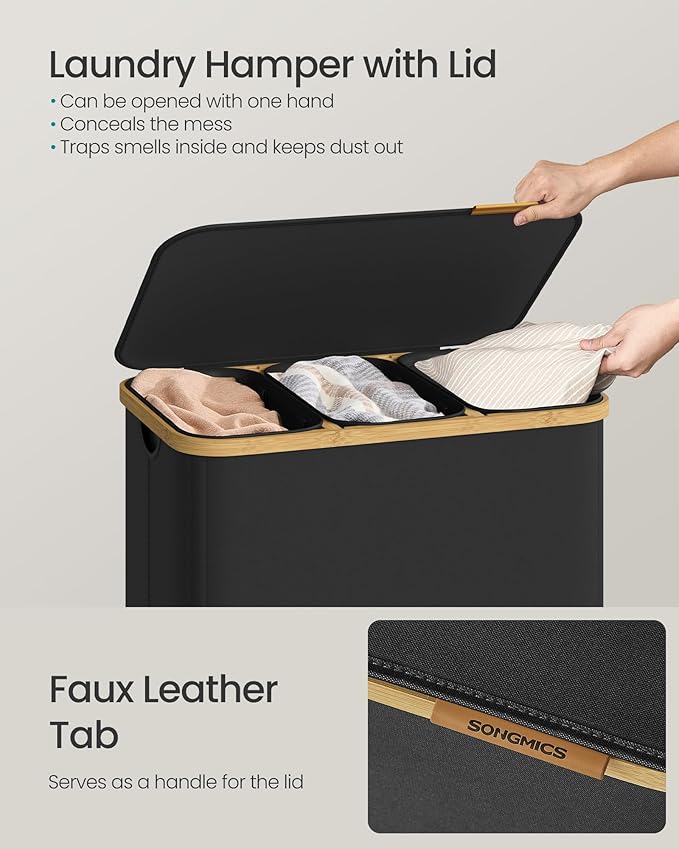 SONGMICS Laundry Hamper, Laundry Sorter with Lid, Storage Basket Bin, Removable Liners, Bamboo Frame, for Bedroom, 3 Sections, 44.9 Gal. (170 L), Ink Black ULCB533BH01