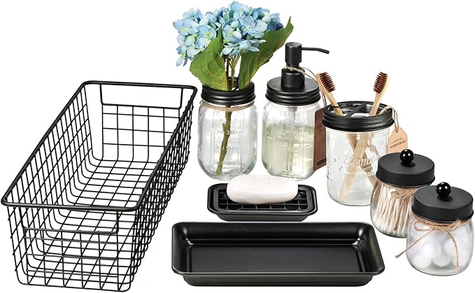 SheeChung 8PCS Bathroom Accessories Set Complete - Soap Dispenser, Mason Jar Toothbrush Holder, 2pcs Qtip Holders, Flower Vase, Soap Holder, Vanity Tray, Toilet Paper Storage, Bathroom Set-Black
