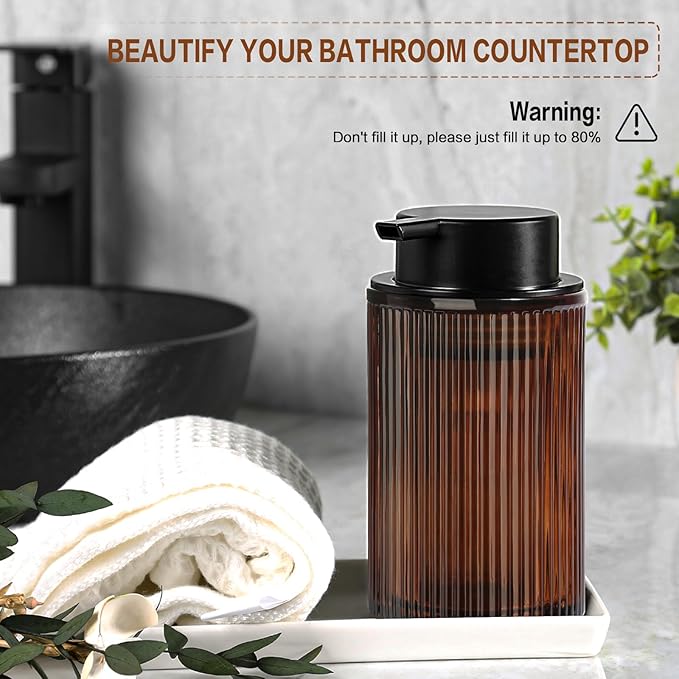 KASUNTING Amber Glass Foaming Soap Dispenser, Ribbed Foam Hand Soap Dispenser for Bathroom, 11 Fl Oz 2 Pack Refillable Foaming Pump Bottle with Black Pump, Modern Dish Soap Foam Dispenser