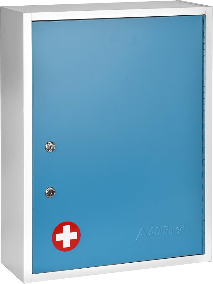 AdirMed Locking Medicine Cabinet Wall Mounted First Aid Cabinet with Lock, Lockable Wall Medicine Cabinet with Dual Lock and Dual Keys, 21" H x 16" W x 6" D, Blue
