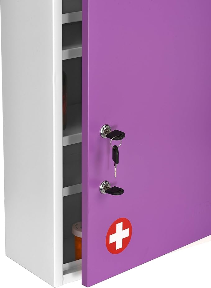 AdirMed Locking Medicine Cabinet Wall Mounted First Aid Cabinet with Lock, Lockable Wall Medicine Cabinet with Dual Lock and Dual Keys, 21" H x 16" W x 6" D, Purple