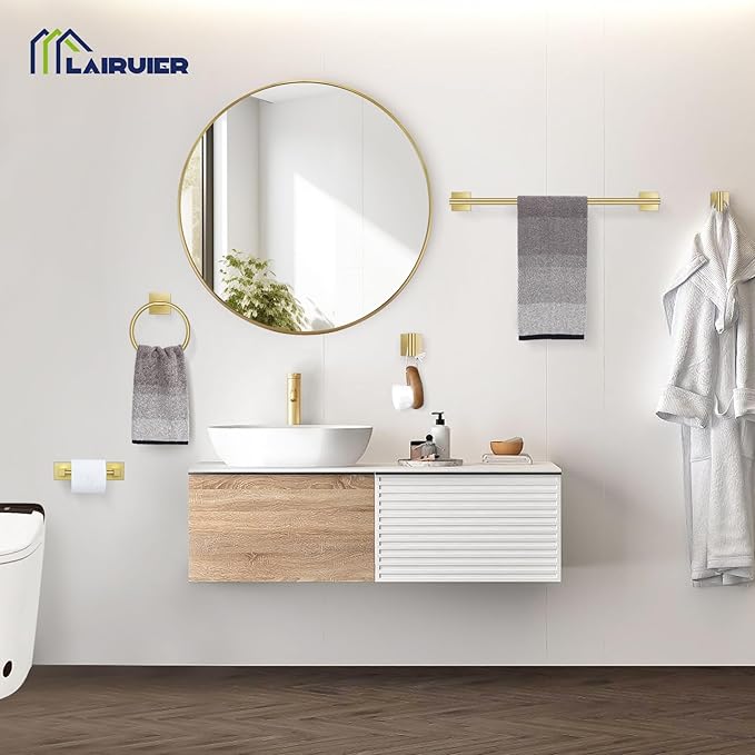 Lairuier 5 Pieces Bathroom Hardware Set Brushed Gold Towel Bar Set Includes 23.6” Towel Bar, Towel Ring Holder, Toilet Paper Holder and Two Towel Hooks, Bathroom Accessories Set SUS304 Wall Mounted