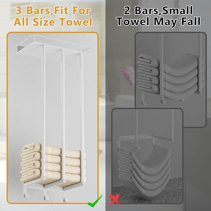 Ovicar Towel Racks for Bathroom - Wall Mounted Rolled Towels Storage with Metal Shelf & 3 Hooks,3 Bars Wall Towel Holder for Small Bathroom, Bath Towel Organizer White