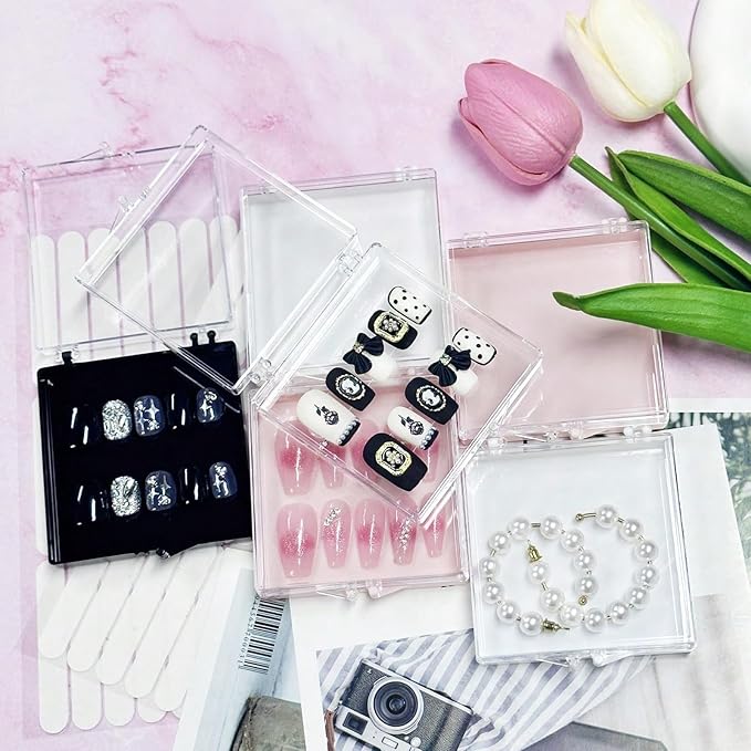 12PCS Press On Nail Packaging Storage Box,Square Plastic Nail Case Storage Display Box for False Fake Nails Press on Nails Organizer for Small Business Home Nail Salon Use