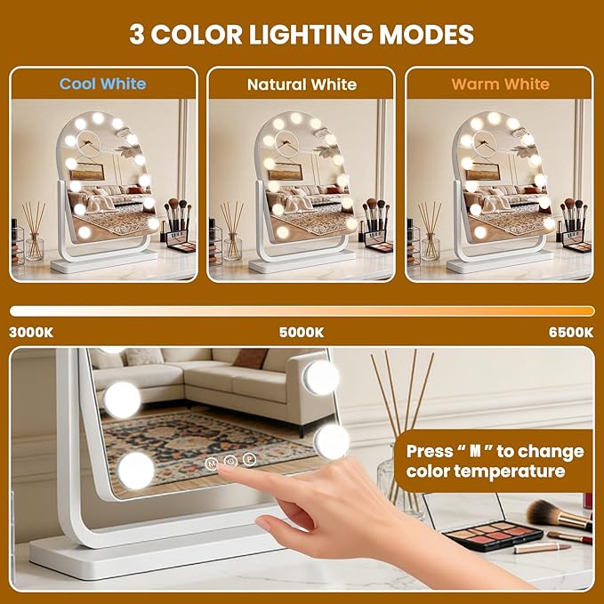 Arched Vanity Mirror with Lights, 19"×14" Hollywood Makeup Mirror with 13 Dimmable Bulbs, 3-Color Lighting, Dimmable, 360° Rotation, 10x Magnification, Desk Mirror, Bedroom (White)