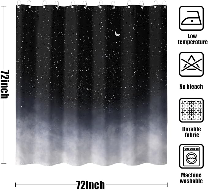 Neasow Black Shower Curtain,Stars and New Moon Bathroom Curtain Night Starry Sky Shower Curtains