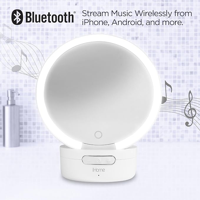 iHome Makeup Mirror with Lights and Bluetooth Speaker, Travel Mirror is Portable and Rechargeable – White (iCVBT9W.EXv24)