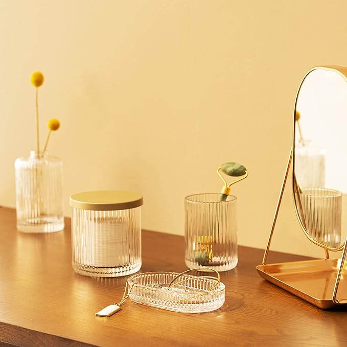 Navaris Glass Bathroom Accessories Set (4 Pieces) - Includes Soap Dispenser, Toothbrush Tumbler, Soap Dish, Cotton Pad Holder - Clear Glass with Gold Metal