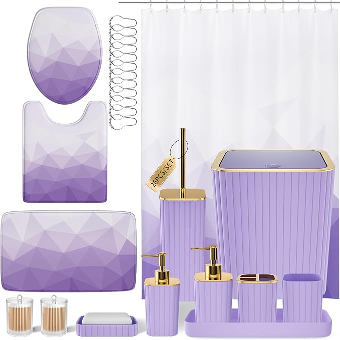 XLHOMO Bathroom Accessory Set - 26PC Bathroom Shower Curtain and Rug Set, Bathroom Accessories Set, Purple Bathroom Set with Trash Can, Toilet Brush, Qtip Holder & Soap Dispenser