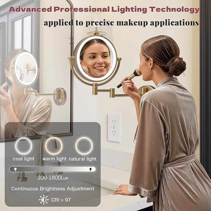 Upgraded Wall Mounted Makeup Mirror with Lights, 8" Double Sided 1/5X Magnifying Vanity Mirror for Bathroom, 3 Color 1800Lux Ultra-Bright, Touch Dimmable, Hardwired, Brushed Moderne Brass