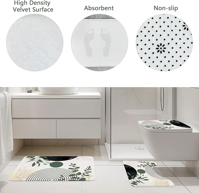 Riyidecor Boho Dark Green 4Pcs Bathroom Shower Curtain Sets Mid Century Abstract Modern Minimalist Bathroom Decor Set with Rugs and Accessories Leaf Toilet Lid Rug, Contour and Bath Mat with 12 Hooks