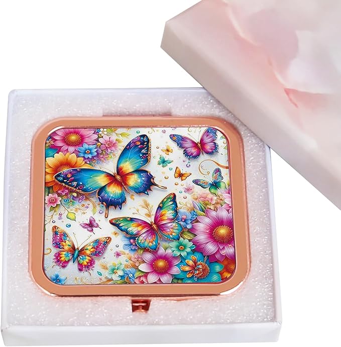 Compact Mirror for Women, Square Mini Pocket Travel Makeup Mirror, Pretty Portable Folding Small Pocket Mirror for Handbag, Purse, Double Sided Handheld Mirror(Rose Gold Butterfly)