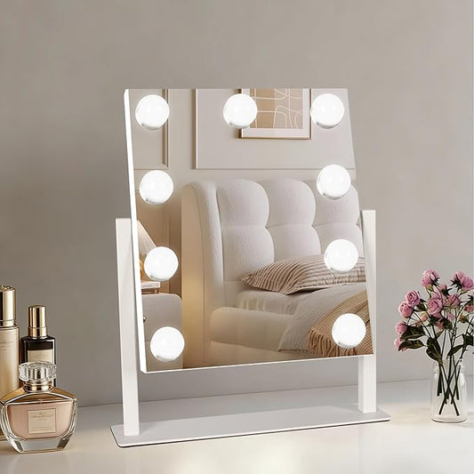 Moonee Vanity Mirror with Lights, Hollywood Lighted Makeup Mirror with 9 Dimmable Bulbs and 10X Magnification 360°Rotation, 3 Color Modes, Aluminum Metal Frame, Light Up Mirror for Tabletop（12" x 14"）