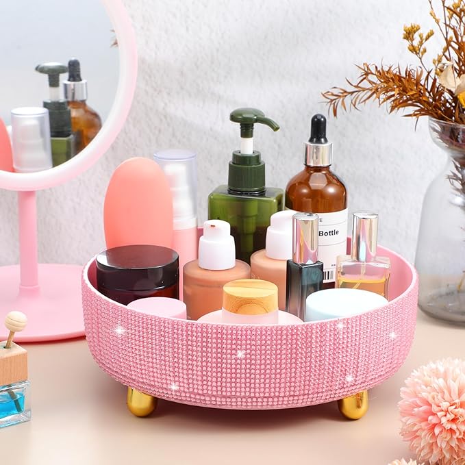 1 PCS 360 Rotating Perfume Organizer, Bling Pink Makeup Organizer Rotating Bathroom Organizers with Rhinestone for Bedroom, Dresser, Tabletop, Cosmetics and Perfume Organization