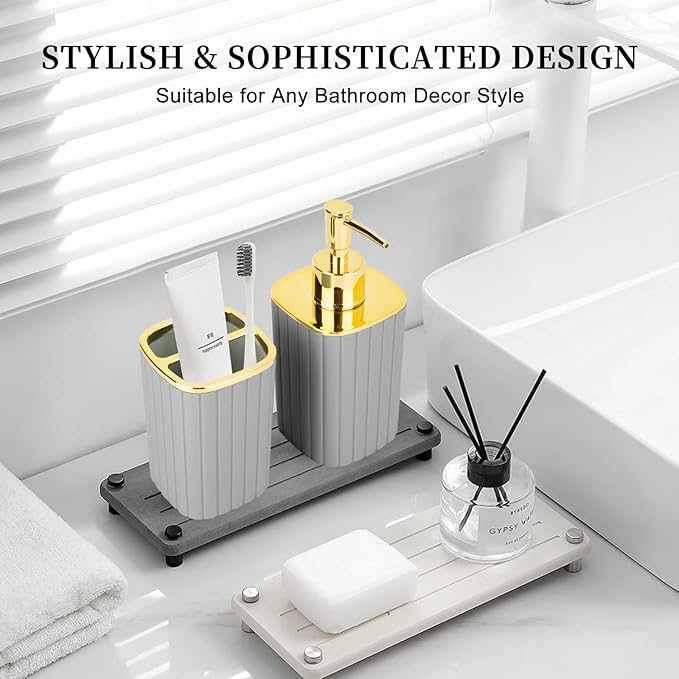 2PCS Bathroom Accessories Set, Grey Bathroom Accessories Include Soap Dispenser and Toothbrush Holder for Boho Bathroom Decor