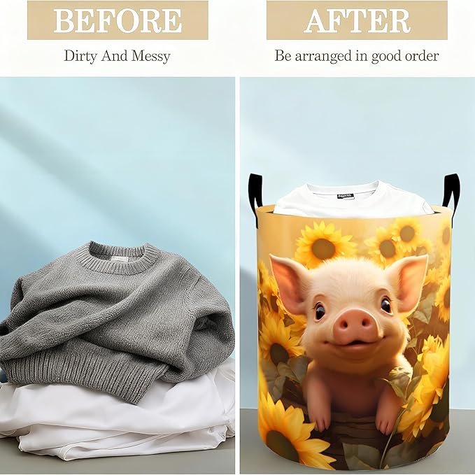 Cute Pig Face Laundry Basket Hamper for Boys Girls Kids Adults, Foldable Waterproof Oxford Clothes Storage Bin, Farm Animal Organizer for Bedroom Bathroom Room Decor 19.7"x15.8"