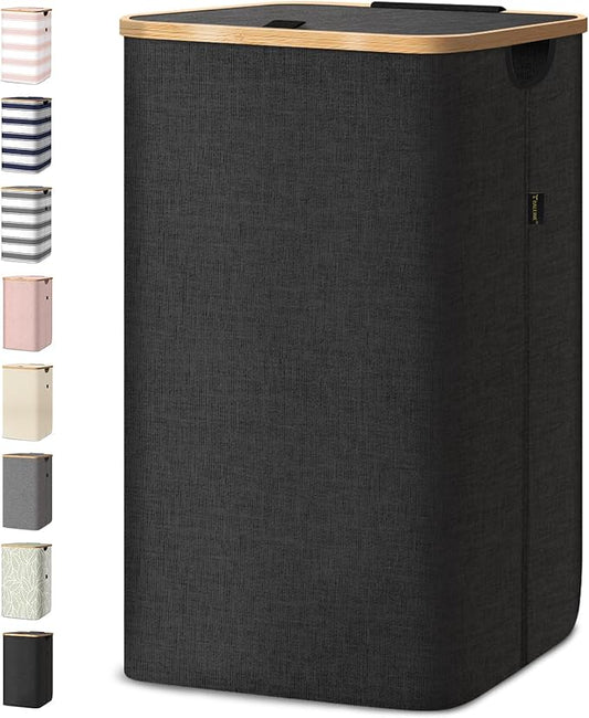 BALEINE Laundry Hamper with Lid, Tall Laundry Baskets with Bamboo Pull Handles, Large Laundry Bin with Internal Support (26Gal/100L, Carbon Black)