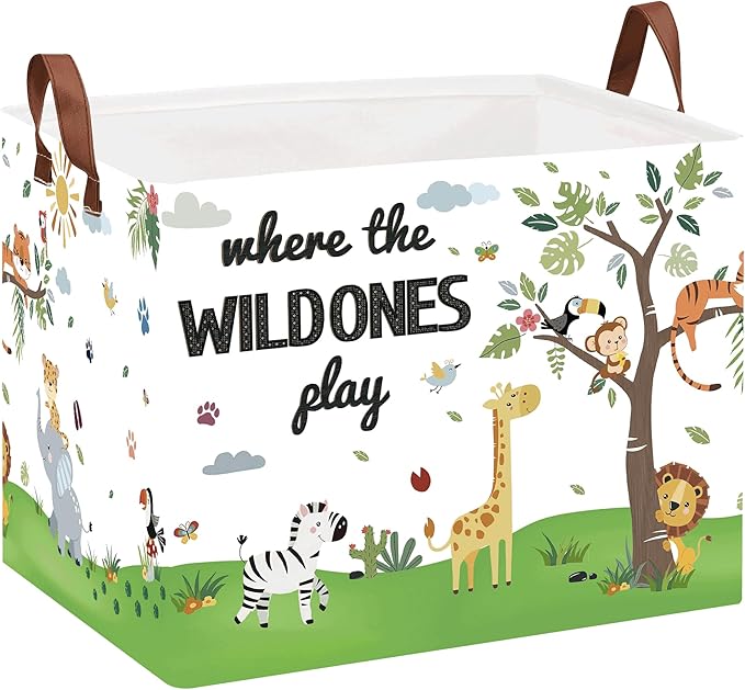 Jungle Safari Nursery Decor Basket -Elephant Giraffe Baby Boy Laundry Basket, Tropicals Laundry Hamper, Kids Toy Box Bin for Bedroom Bathroom Livingroom