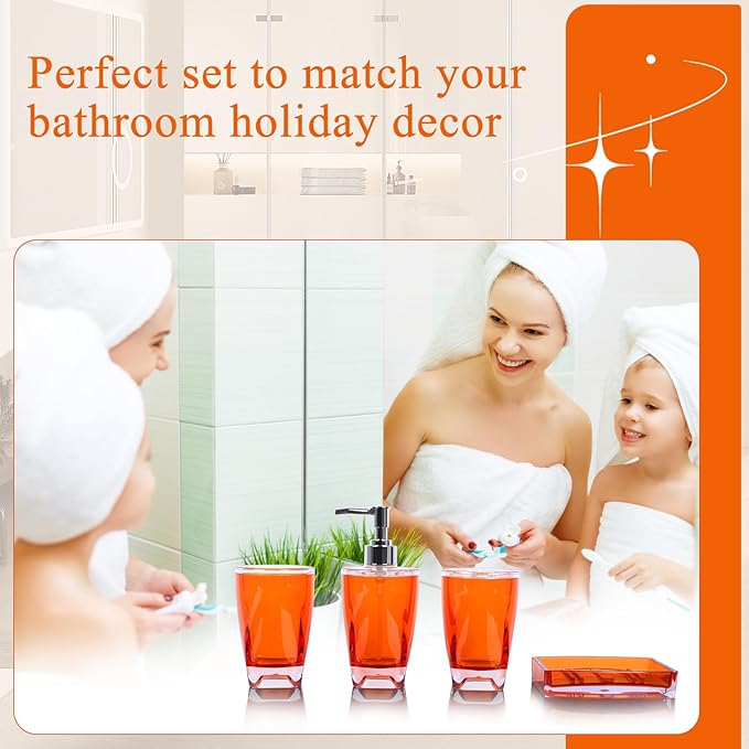 4-Piece Warm Orange Acrylic Bathroom Accessories Set — Soap Dispenser, Toothbrush Holder, Soap Dish & Mouthwash Cup, Vanity Countertop Organizer for Orange Boho Bathroom Decor