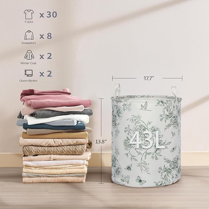 2Pcs Blue Floral Laundry Basket Cute Girls Nursery Hamper Kids Baby Flowers Room Decor Foldable Oxford Cloth Funny Tote Clothes Storage Bucket Organizer For Bedroom (Floral)