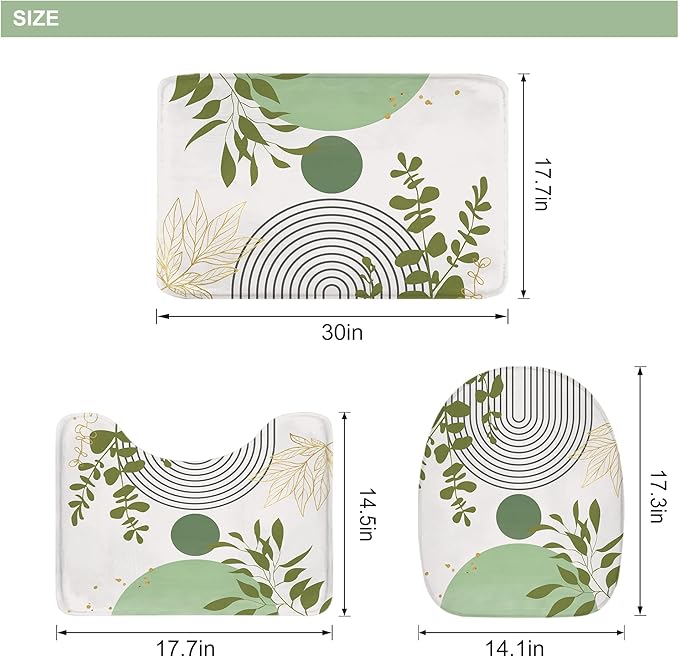 Riyidecor Boho Light Green 4Pcs Bathroom Shower Curtain Sets Mid Century Modern Minimalist Abstract Bathroom Decor Set with Rugs and Accessories Leaf Toilet Lid Rug, Contour and Bath Mat with 12 Hooks