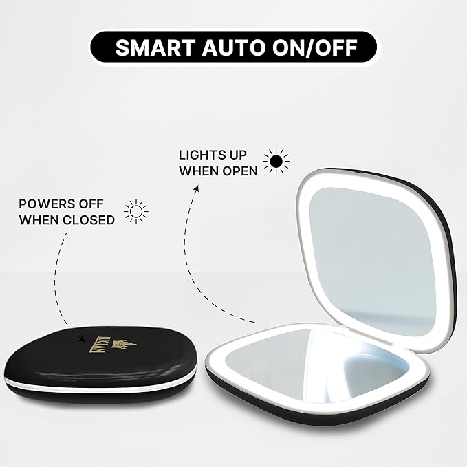 Compact LED Mirror, 3.9 inches 1X &10X Magnification, Auto ON/Off, USB Charging, 3 Light Setting & Dimmable, (Black)