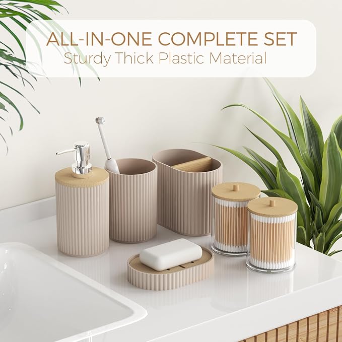 Bathroom Accessories Set - Beige Bathroom Set with Shower Curtain and Rugs, Trash Can, Toilet Brush with Holder, Soap Dispenser, Toothbrush and Toothpaste Holder, Cup, Soap Dish, Qtip Holders, Hooks