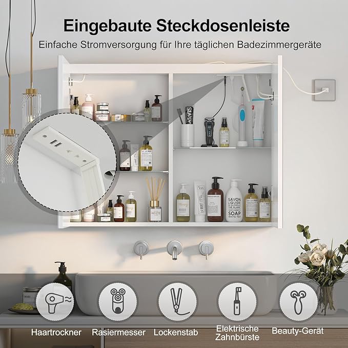 Medicine Cabinet with Lights, Lighted Bathroom Medicine Cabinet with Sockets & USB, Large Mirror Cabinet with Electrical Outlet, LED Mirror Cabinet,Color Adjustment,Wall Mounted 32X24Inch