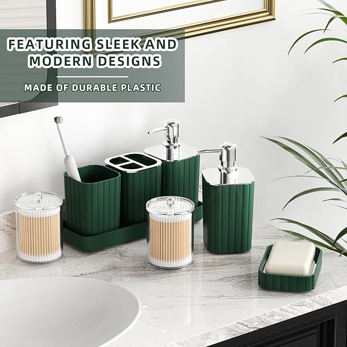 XLHOMO Bathroom Set- 25PC Green Bathroom Sets, Bathroom Set with Shower Curtain and Rugs, Dark Green Shower Curtain Set, Bathroom Accessories Set, Bathroom Trash Can