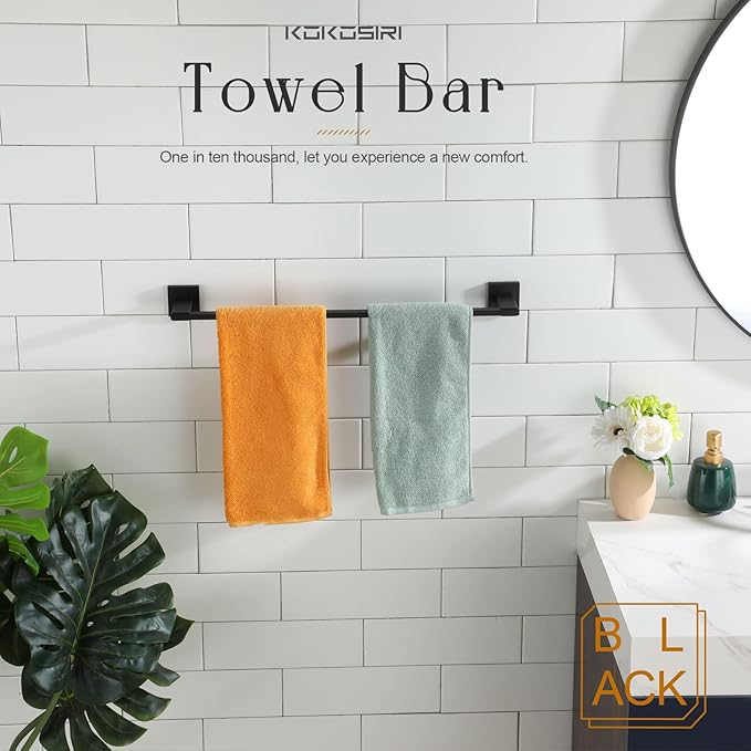 KOKOSIRI Towel Bars Matte Black Bathroom Towel Rails Wall Mounted, 24 Inches Bath Towel Holder for Kitchen Toilet Cabinet Showeroom, Stainless Steel B4006BK-L24