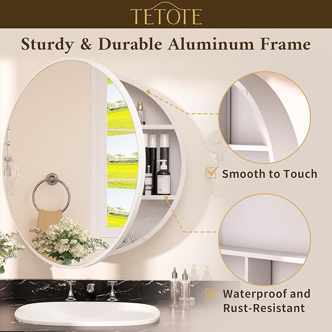 TETOTE 20 x 20 Inch Medicine Cabinet Mirror White Framed Round Mirrored Medicine Cabinets for Bathroom Adjustable Shelves Modern Bathroom Mirror with Storage Wall Mounted