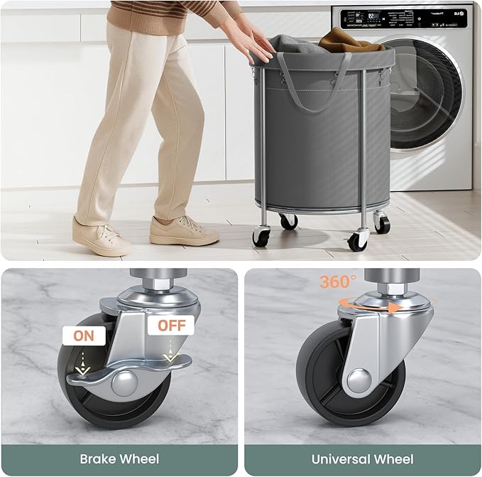 Aduanbang 170L Laundry Basket with Wheels, Rolling Hamper with Removable Bag & Steel Frame, Round Laundry Cart with 4 Casters & 2 Brakes, Ideal for Bedroom, Bathroom & Laundry Room