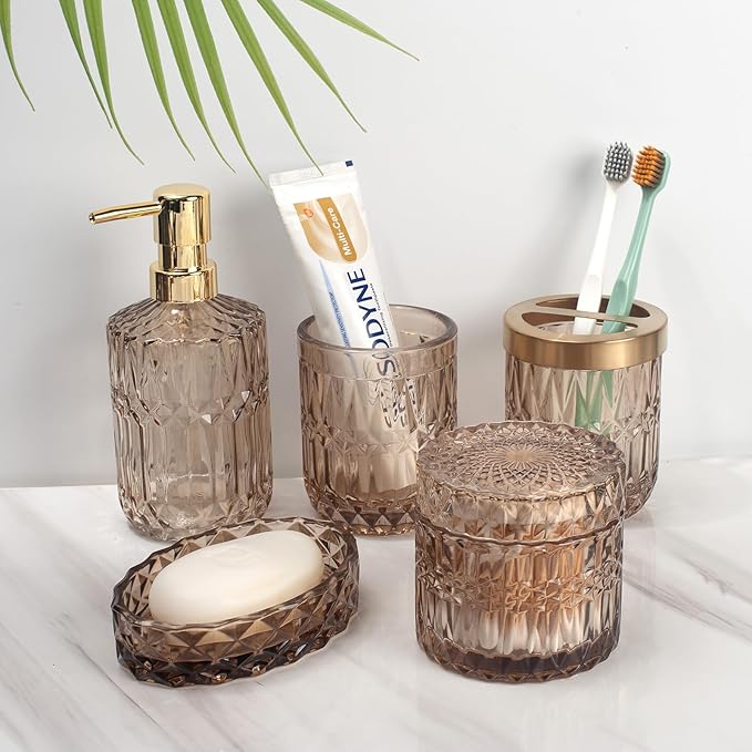 IVAILEX 5PCS Amber Brown Glass Bathroom Accessories Sets of Lotion Dispenser, Soap Dish, Toothbrush Holder, Tumbler, Cotton Swab Jars, Modern Bath Decor, Vintage Gift