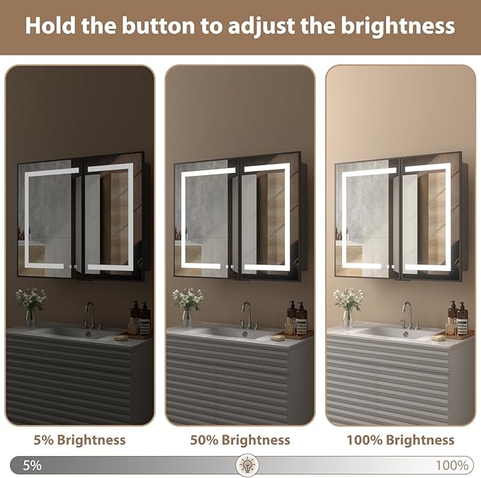 LOVMOR Led Medicine Cabinet with Mirror, Bathroom Vanity Mirror Cabinet with Shelves, 3-Color Lights Dimmer, Black 32" H x 40" W