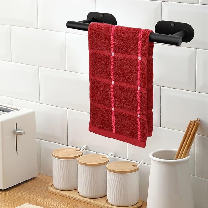 TocTen Self Adhesive Bathroom Towel Bar, Stick Towel Rack for Bathroom, Rustproof Stainless Steel Bath Towel Holder No Damage, Easy to Install Drill Free Towel Rod for Bathroom (Matte Black, 12 Inch)