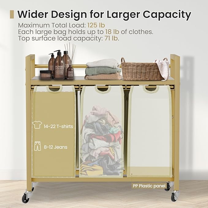 SwaaVee Laundry Hamper, Laundry Basket, Laundry Sorter with 3 Removable Bags, Clothes Basket with 3 Compartments, Wheels, Shelf for Laundry Room Bathroom Bedroom (3 Bags-Golden)