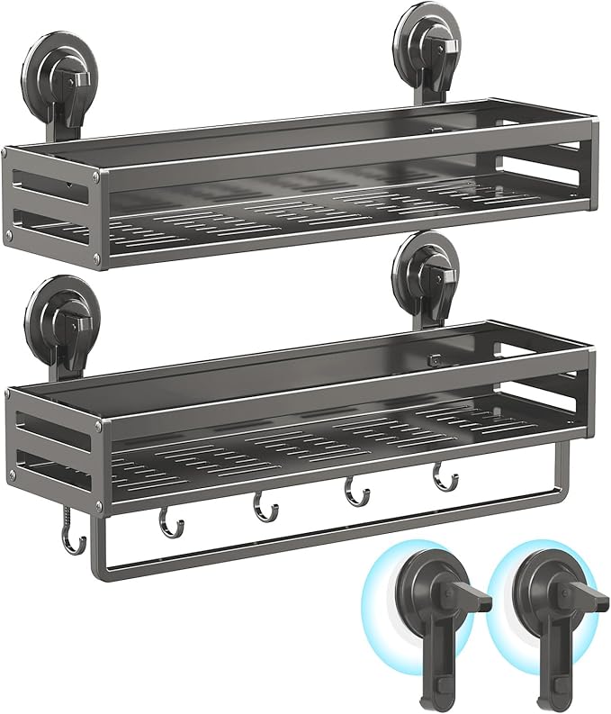 Shower Caddy Suction Cup, 15.7 inch 2 Pack Suction Shower Shelf with Hooks NO-Drilling Bathroom Holder, Rustproof Bathroom Organizer, Includes 2 Extra Suction Cups, Dark Grey