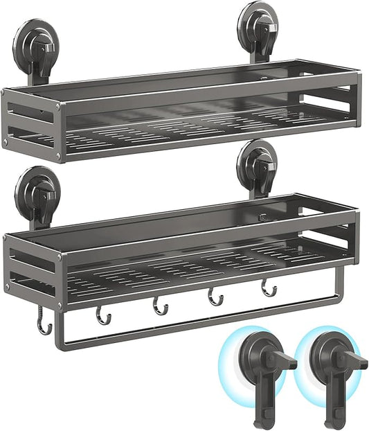 Shower Caddy Suction Cup, 15.7 inch 2 Pack Suction Shower Shelf with Hooks NO-Drilling Bathroom Holder, Rustproof Bathroom Organizer, Includes 2 Extra Suction Cups, Dark Grey