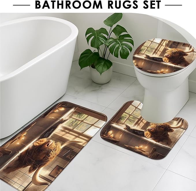 Highland Cattle Cow Shower Curtain Set with Toilet Lid Cover and Non-Slip Rugs, Funny 4 Pcs Shower Curtain with 12 Hooks, Farmhouse Bathroom Set with Rugs and Accessories