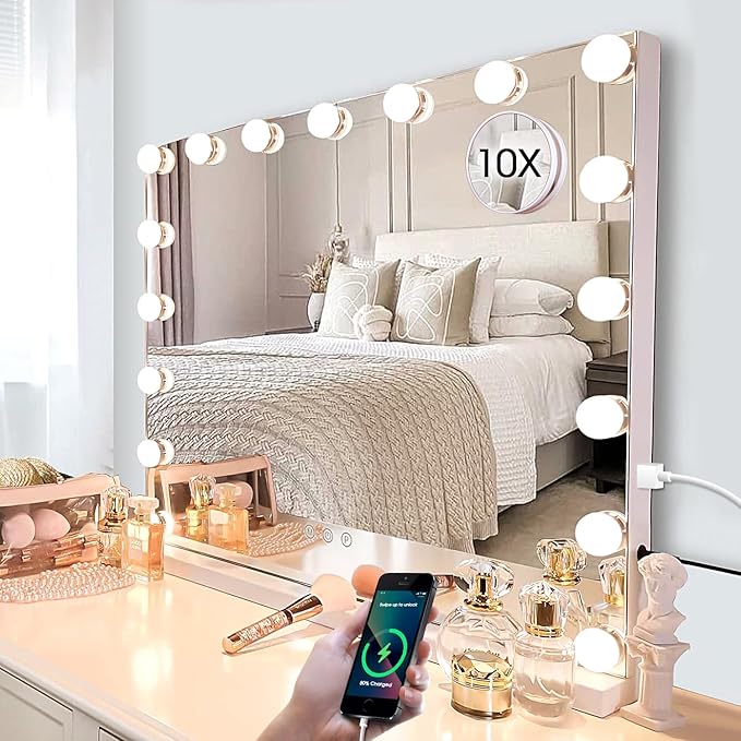 Kottova 24.4"x21.2" Vanity Mirror with Lights, Lighted Makeup Mirror with 3 Dimmable Color Modes,17 LED Hollywood Mirror with Touch Control, USB Charging Port, Tabletop & Wall-Mounted (White)