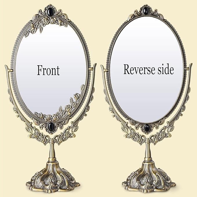 Guppy 15 inch Metal Vintage Makeup Mirror, Tabletop Oval Cosmetic Mirror, Vintage Swivel Double Sided Cosmetic Mirror with Embossed Frame Stand Base, Retro Mirror for Dresser Gifte-Red Bronze