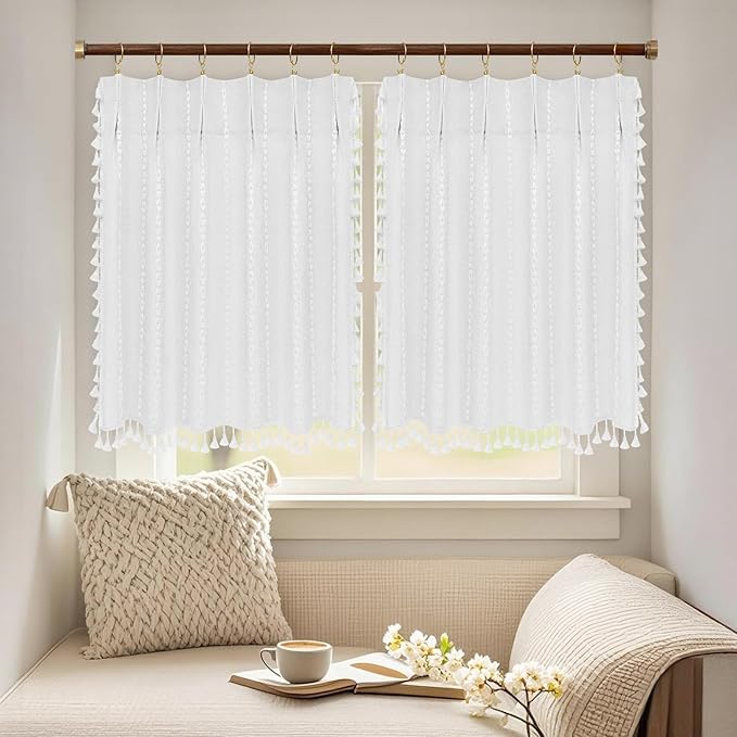 Boho Farmhouse Window Curtain with Tassels, 30 x 24 Inch Light Filtering Sheer Short Cafe Window Curtain Tier, White Linen Textured Pleated Small Window Drape for Kitchen or Bathroom, 1 Panel