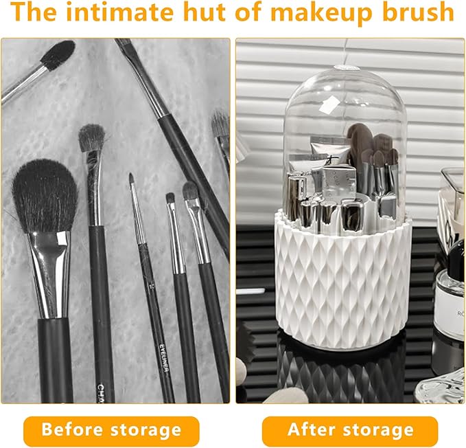 LIVETA Dustproof Makeup Brush Holder with Clear Lid, Rotating Multifunctional Large Capacity Pen Holder Storage for Desk,Cosmetics Makeup Brushes Organizer for Vanity and Bathroom Countertop(White)
