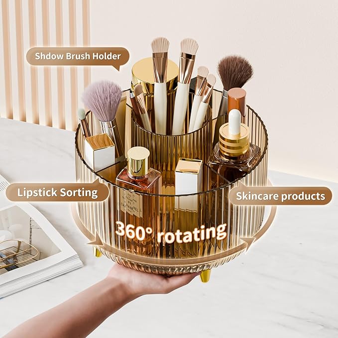 Clear Rotating Makeup Organizer Countertop for Vanity, 360?? Makeup Brush Holder Organizer with 5 Compartments, Transparent Cosmetic Storage for Lipstick, Skincare, Bathroom Counter (Transparent Amber)