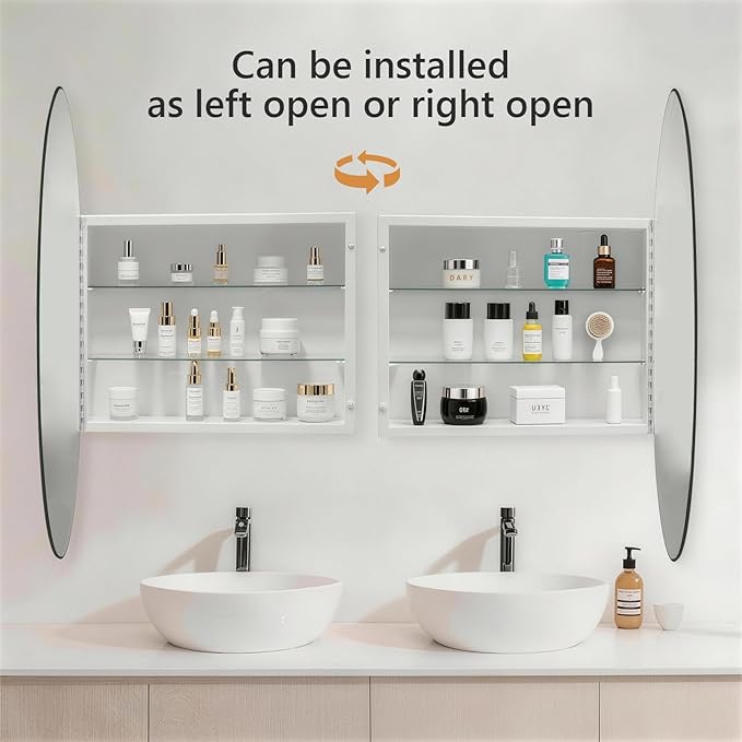 30 Inches Round Bathroom Medicine Cabinet, Frameless Circle Mirror Cabinet Wall Mounted Cabinet with Surface Mount Installation