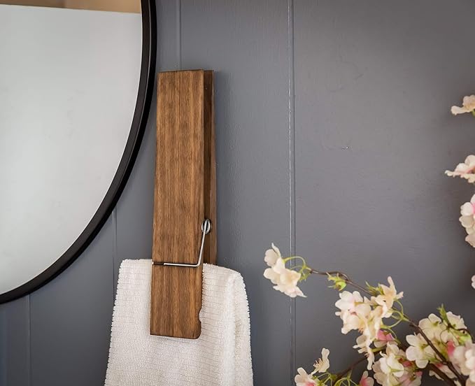 Giant Clothespin Bathroom Towel Holder | Huge 12” Clothes pin | Farmhouse Bathroom décor | Laundry Room or Nursery décor | Towel Rack or Hook | Bathroom Accessories wall décor (2 Dark Walnut)